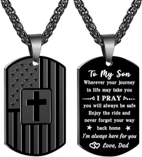 To My Son Gifts from Dad Father Dog Tag Cross Necklace America Flag Pendant