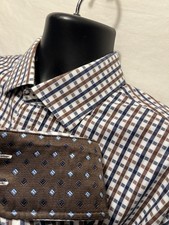 English Laundry Brown Blue Plaid Dress Shirt Mens Sz 17 1/2 34-35 Flip Cuff A7