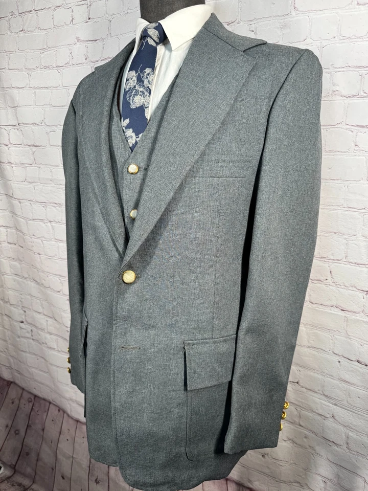 VINTAGE Mens Gray Classic Fit Polyester 2 Piece VEST Combo PAIR 40L Jacket - Image 2 of 4