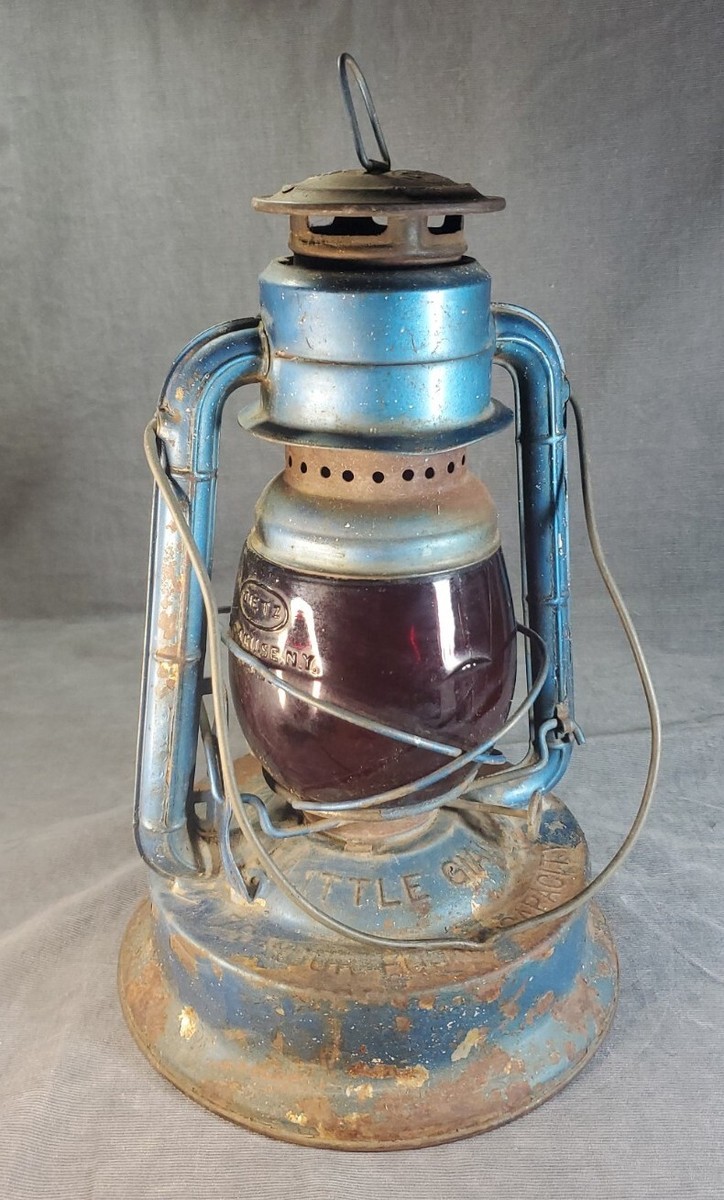 Vintage Dietz Little Giant Blue Hurricane Lantern w/Red Glass, #70