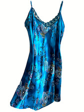 Private Luxuries Blue Floral Strap Flared Sleepwear Nightgown Lace Trim Size S