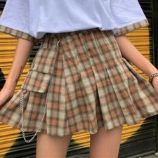 Girl Cargo Skirts Check Plaid A-line Pleated High Elastic Waist Japan Style