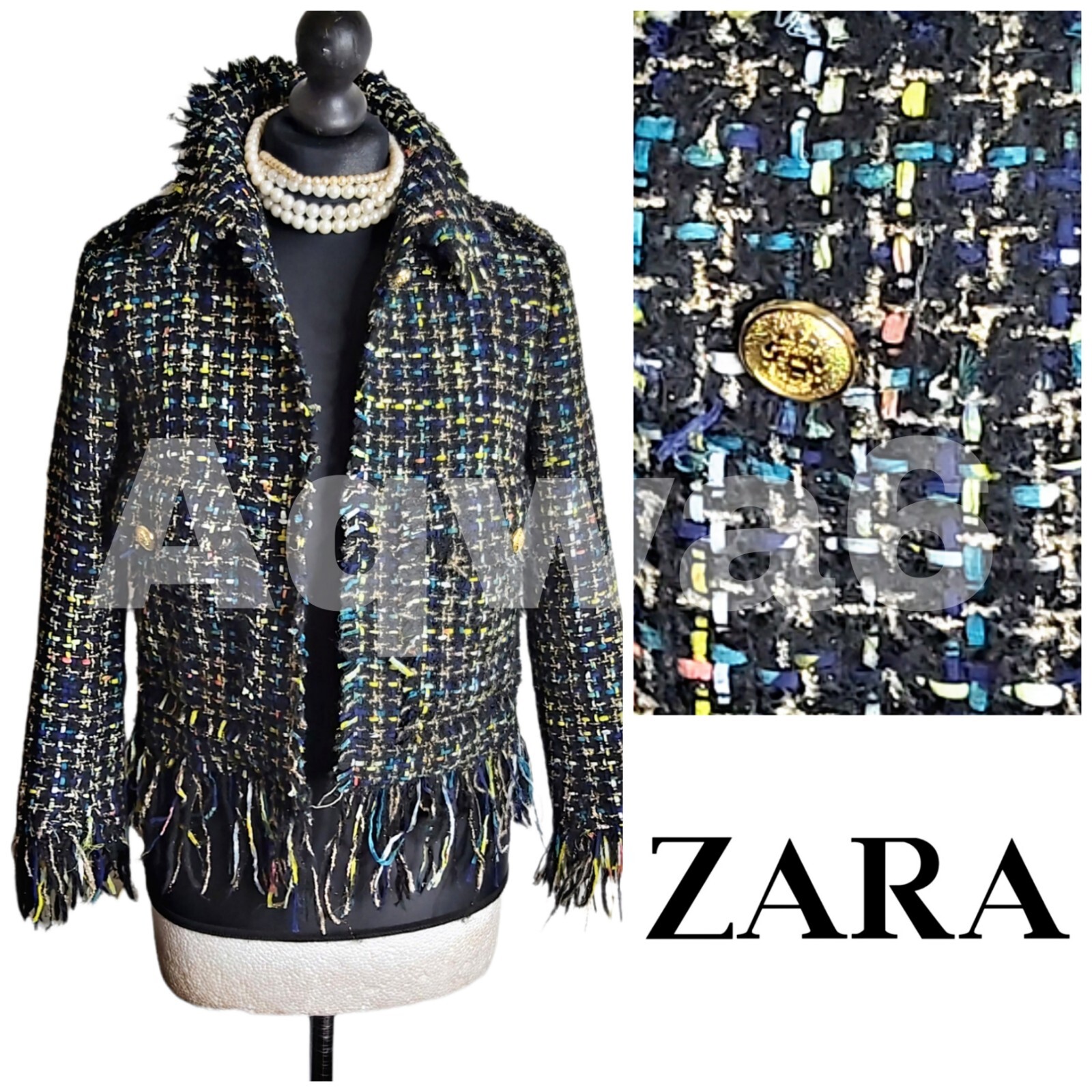 Giacca blazer donna Zara sfilacciata bordi fila fibbia tweed misto lana taglia S UK8