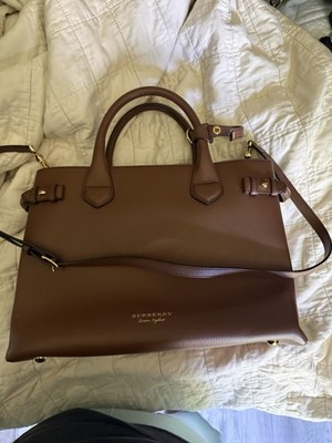 Burberry Brown Pebbled Top Handle Satchel, Check, Gold Hardware, Strap