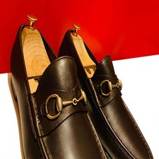 $989.00 !! GUCCI MEN BROWN GOLDEN HORSE BIT LOAFERS SHOES MARK EURO SIZE 44.5 D