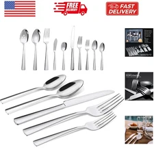 65 Piece Silverware Flatware Cutlery Set, Stainless Steel Fork Spoon Knife Se...