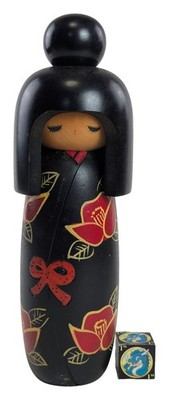 Creative Kokeshi Doll w/ Tsubaki Camellia Motif by Miyashita Hajime, 24cm 9.5''
