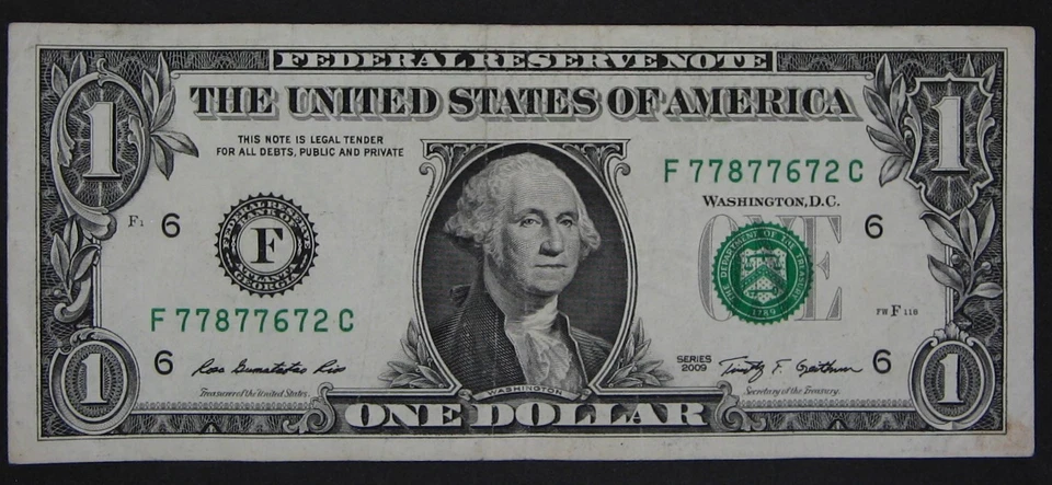 2009 $1 (ONE DOLLAR) - FANCY SERIAL NUMBER - FIVE 7's - Image 2 of 3
