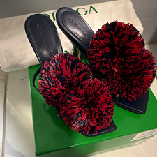 Bottega Veneta Navy/Red Leather Square Toe Pom Pom Slip-On Mule Heel 37.5