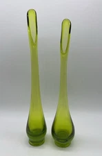 2 Vintage MCM Green Swung Viking Art Glass Bud Vases 12.5" And 11.75"