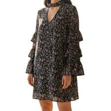 LE LIS Navy Floral Long Sleeve Tiered Ruffle Trim Mini Shift Dress NWOT Large