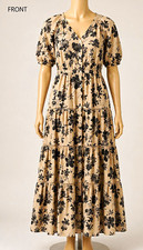 GAP Women’s XS Beige Black Floral V-Neck Button Front Tiered Maxi Dress