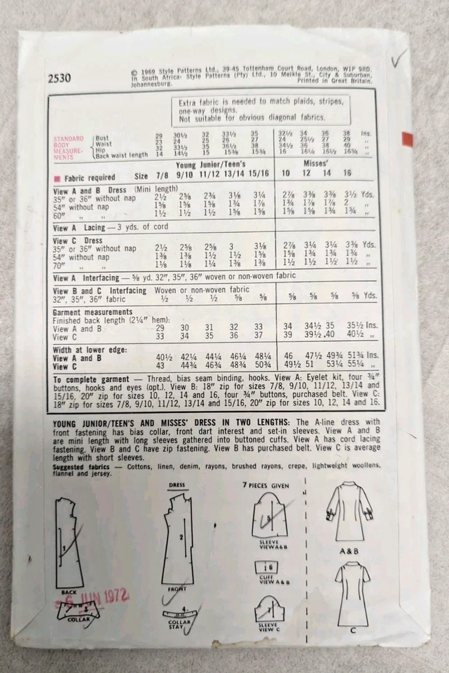 Vintage 1960s Style 2530 Dress Sewing Pattern Bust 34" / 87cm - Image 3 of 3
