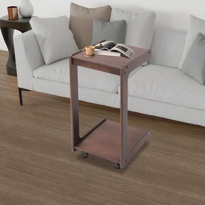 2-Tierd Solid Wood Bedside C-Shaped Side Table w/ Drawer & Lockable Wheels