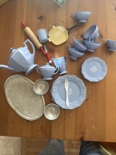 Vtg Kids Play Kitchen Dishes Blue Plastic Tea Set Plates Cups Baking More 50 s