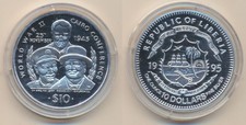 Liberia:1995 $10 1oz Silver Cairo Conference Chiang Kai-Shek Churchill Roosevelt