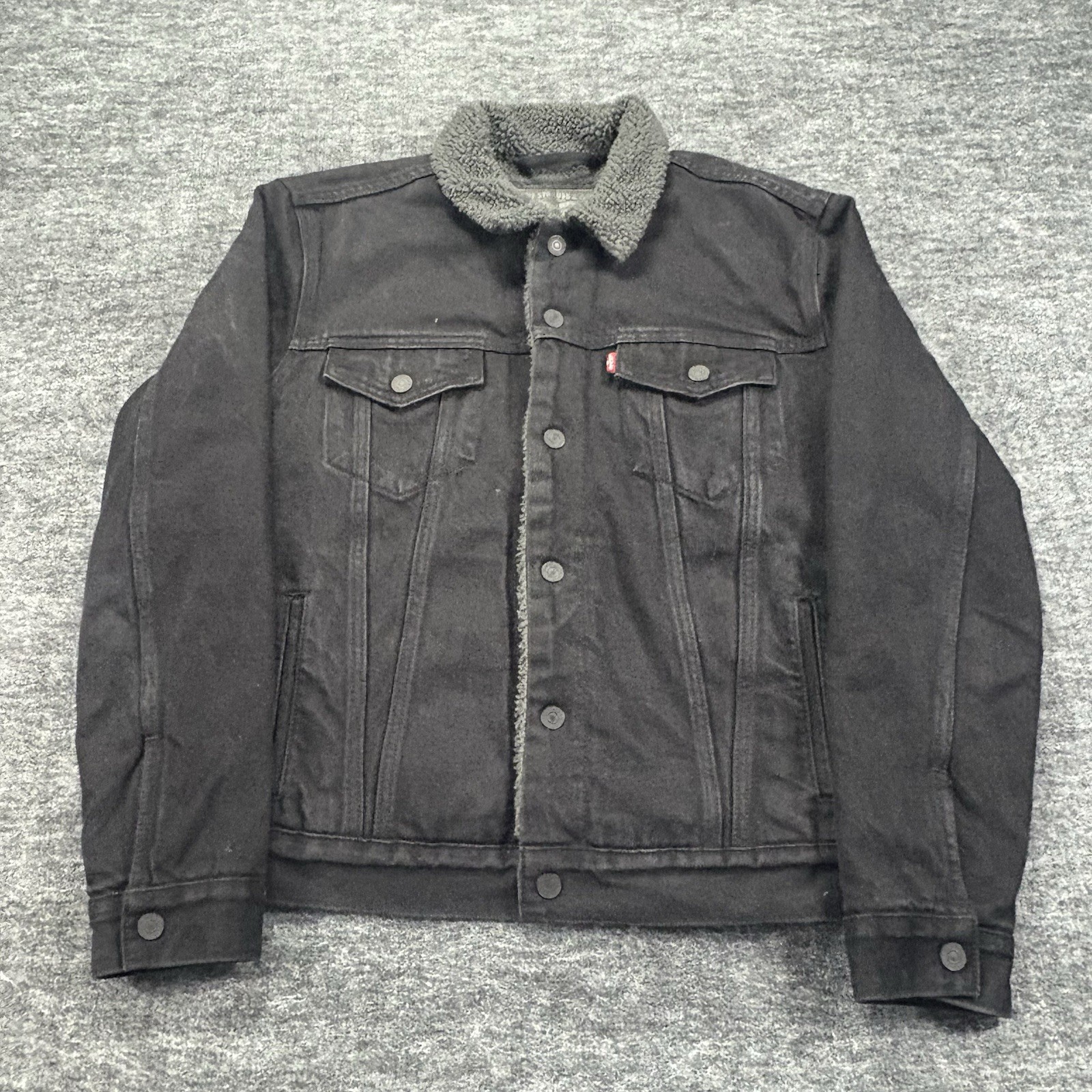 Levis Sherpa Lined Trucker Jacket Mens M Black Denim Type 3 Fleece Lined Coat