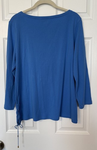 Lauren Ralph Lauren Women’s Blouse Size XL Blue Boat Neck Lace Up Side Nautical - Picture 2 of 9