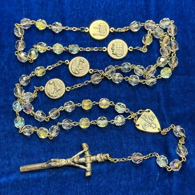 Vintage Crystal Bead Catholic Rosary Baslilcas of Rome Chi Rho ROMA CITTA ETERNA