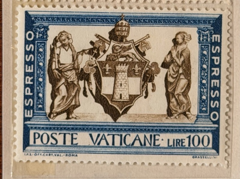 Vatican Espresso Postage Stamps Lire 70, 75, 100 Blue Red Brown Art Architecture