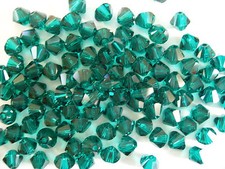 100 SWAROVSKI CRYSTAL EMERALD 4mm Loose BEADS 5328 Bicones GREEN, May Birthstone
