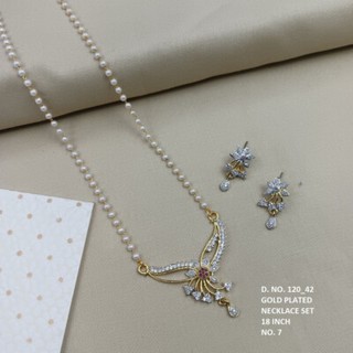 Gold Plated Floral Pendant Necklace & American Diamond Earrings Set