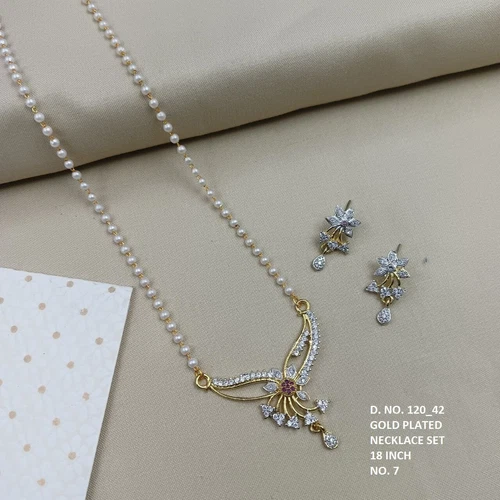 Gold-Plated Floral Pendant Necklace & American Diamond Earrings Set