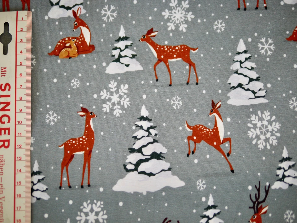 Baumwoll-Jersey, Jersey, Kleiderstoff, T-Shirt-Stoff BAMBI, Reh, Wald, Schnee - Bild 4 von 4