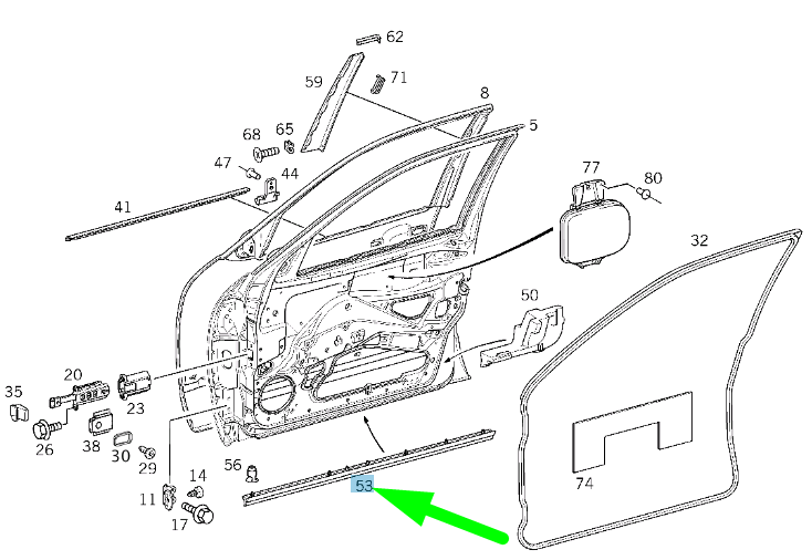 Neu MERCEDES-BENZ E W210 Türunterkante vorne rechts A2106908462 Original
