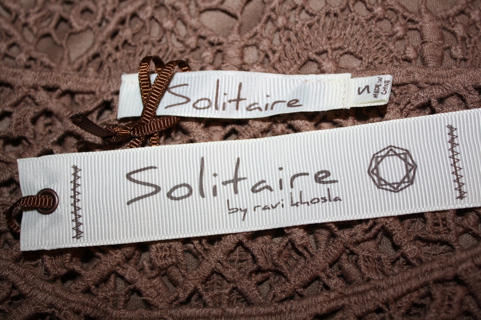 NWT Solitaire by Ravi Khosla Brown Boho Crochet Cap Sleeve Dress w/ Slip S