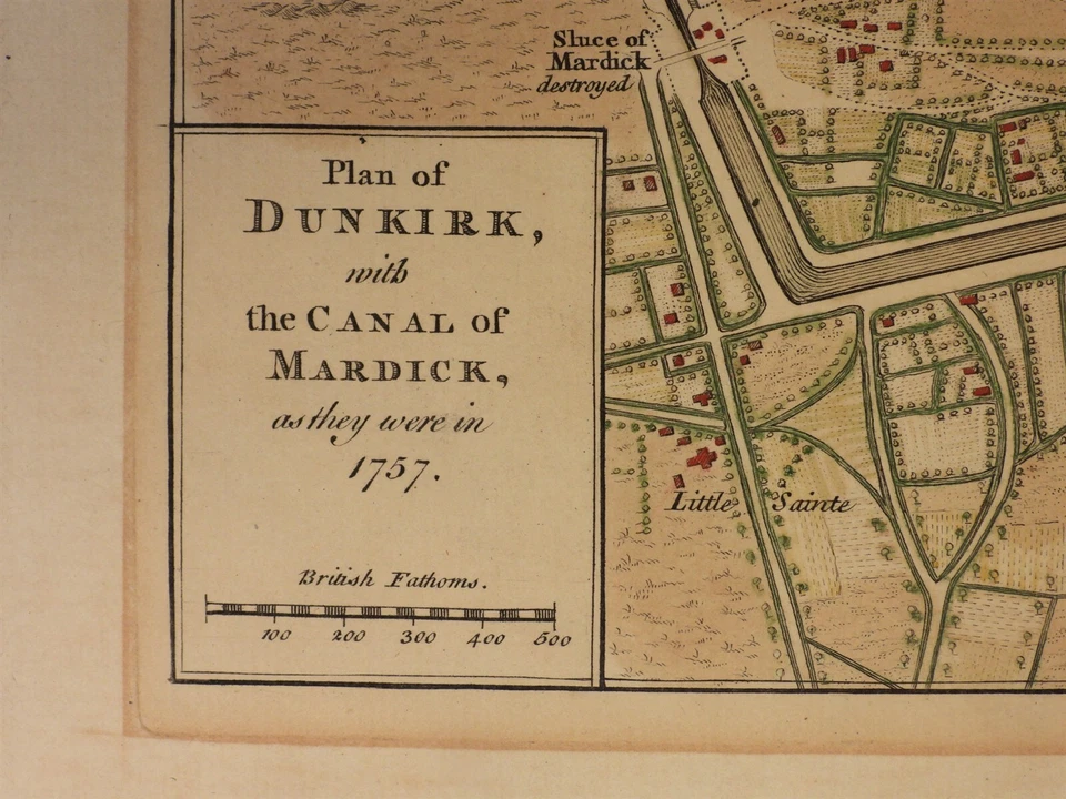 Mapa Plano de Dunkerque de Thomas Jefferys 1757 con Canal de Mardick de la antigua ciudadela Foto 3 de 4