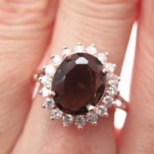 925 Sterling Silver Rose Gold Plated Real Smoky Quartz  C Z Ring Size 7.5