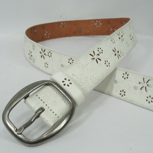 White Tooled Laser Cut Belt Small Genuine Leather Floral White Tooled Laser Cut Belt Small Genuine Leather Floral