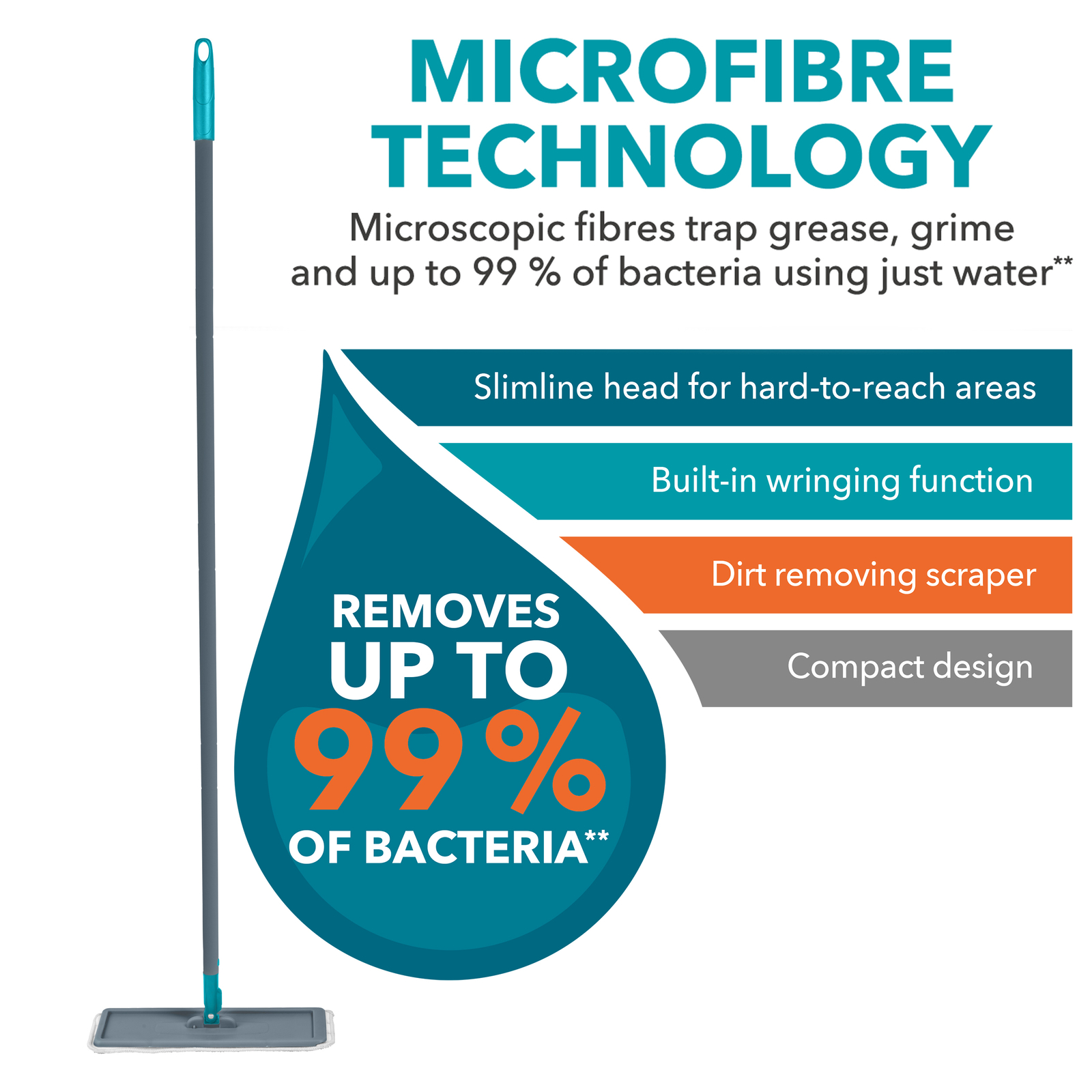 Beldray Flat Mop & Bucket Set Microfibre Technology, No Chemicals