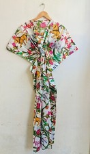 Indian White Cotton Animals Cotton Kaftan Dress Night Maxi Dress Kaftan Gown US