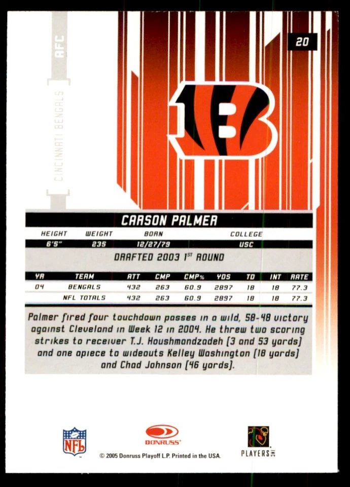 2005 Donruss Rookies & Stars Carson Palmer Football Cards #20 - Image 2 of 2