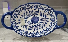 BLUE ROSE SCROLL 17.5 x10” Melamine Large Serving Tray Bowl Platter w/ Handles