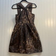 Banana Republic Brown Leopard Ikat Halter Cocktail Dress Size 0 Pleated Mob Wife
