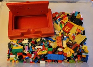 Vintage 1982 Red Lego Hard Plastic Portable Carrying Storage Case Box Filled +