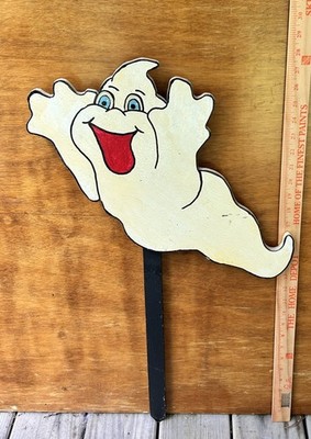 Vintage 80s/90s Handmade Hand-Painted Wooden Yard Sign Halloween Ghost Folk Art