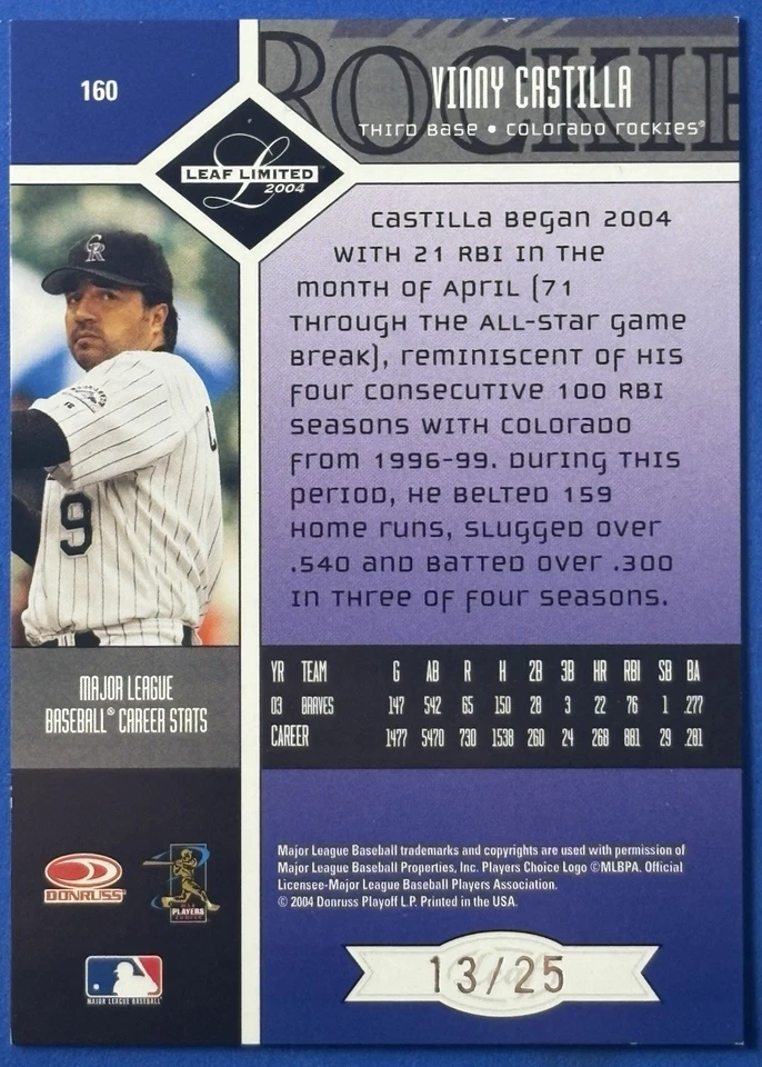 2004 Leaf Limited Spotlight Gold SP Vinny Castilla 13/25 #160 Rockies Braves - Image 2 of 3