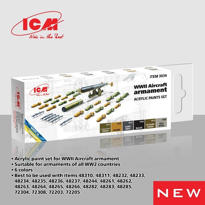 ICM 3036 - Acrylic Paint Set For WWII Aircraft Armament - New