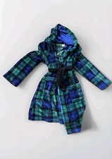 Cat Jack Boys Hooded Fleece Plaid Robe Tie Closure Blue/Green L 12/14