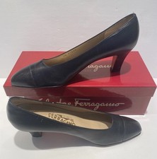 Vtg Ferragamo Navy Blue Calf Skin Pump 9.5 A Cap Toe Made Italy DQ37280