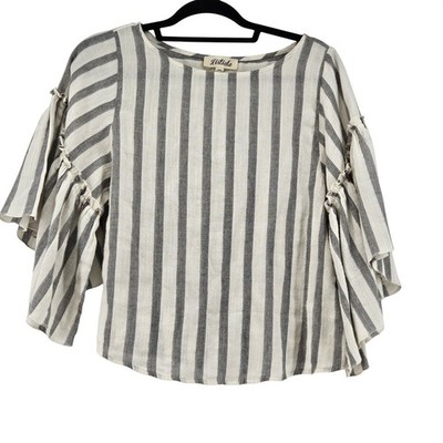 Listicle Striped Ruffle Sleeve Cotton Blouse Top M Coastal Chic Boho Minimalist