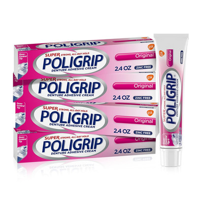 Super Poligrip Original Denture Adhesive Cream, Zinc Free Denture Cream 4 Pack