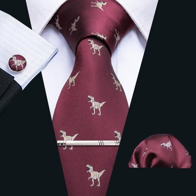 Burgundy Red Dinosaur Necktie Mens Tie & Hankie & Cufflinks & Tie Pin Set  Gift