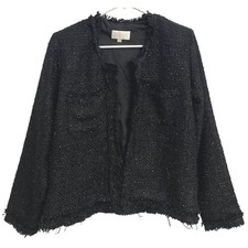 Alexis Womens Black Tweed Metallic Fringe Trim Open Front Jacket Blazer Size L
