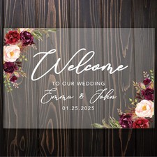Custom Large Wedding Acrylic Sign, 16 x 24 Inches, Burgundy Fall Floral Roses...