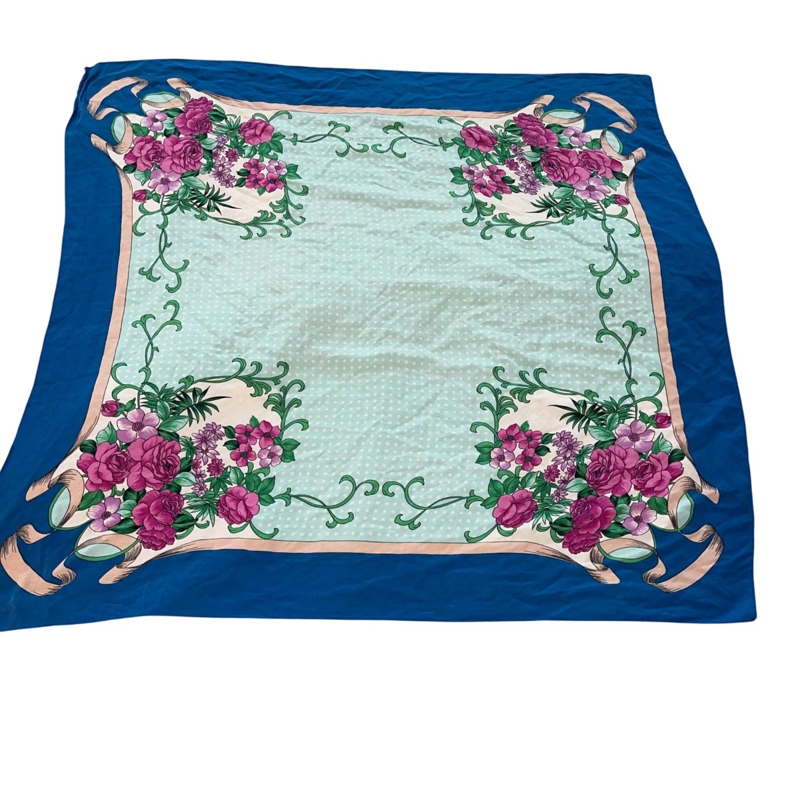 Vintage Silk Scarf Blue Floral Casual Womens Square Lightweight Retro Wrap